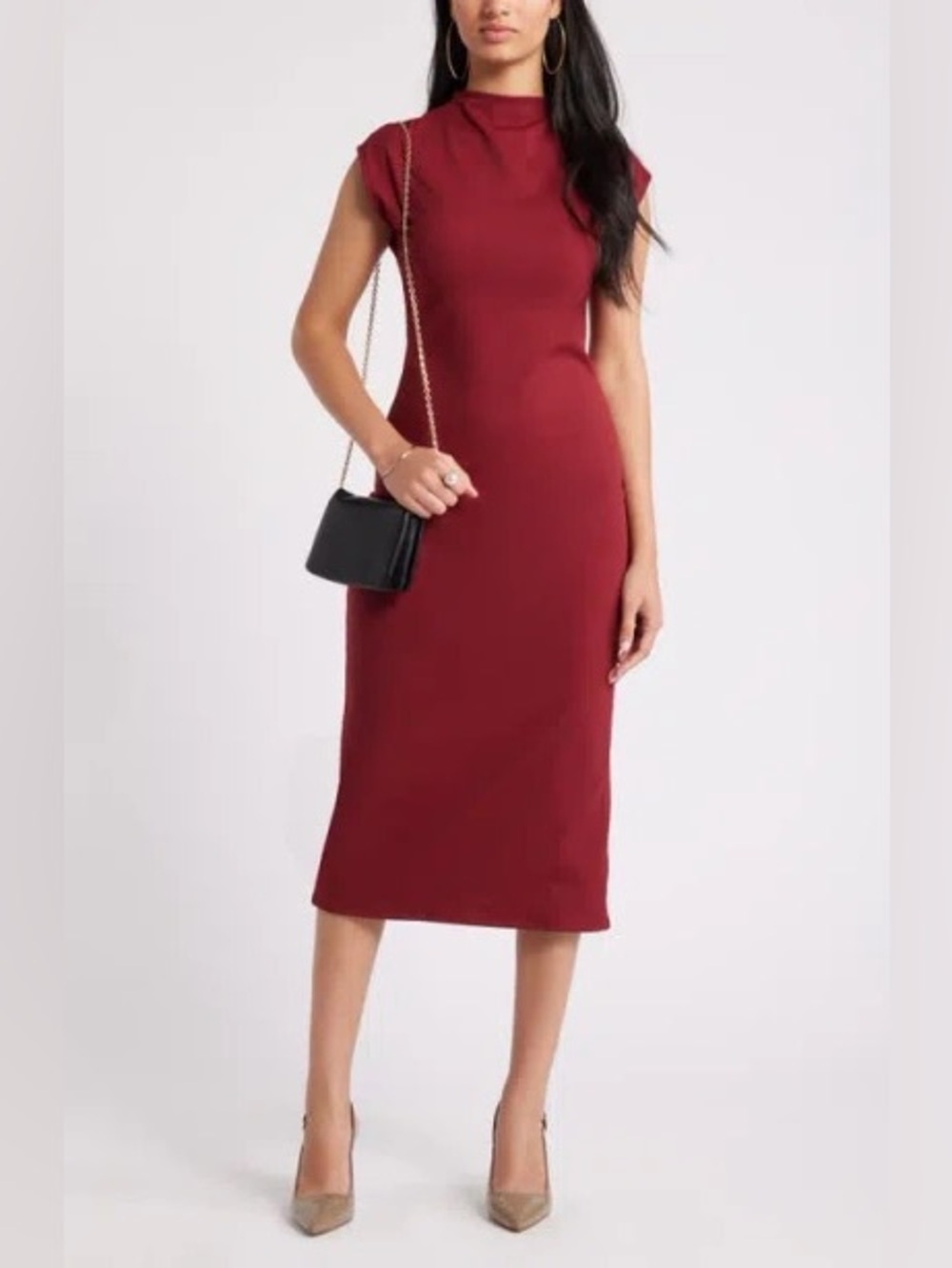 NWOT- Open Edit Smooth Edit Funnel Neck Midi Dress, Red Grape, size Small